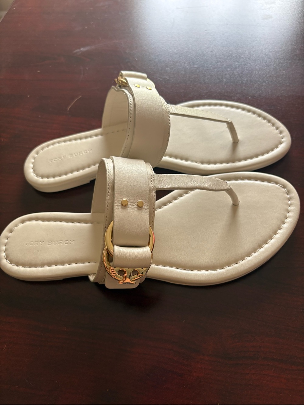 Tory Burch Cream Leather Slide Sandals with Gold Logo Ring